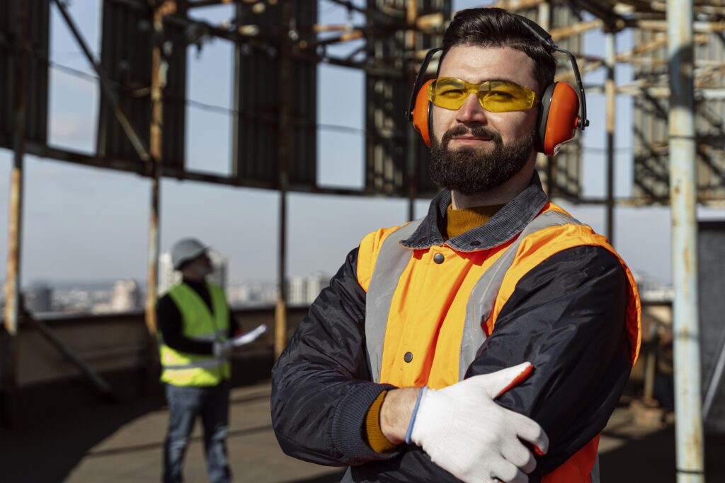 Trabalhador usando equipamentos de proteção individual (EPI) em uma construção